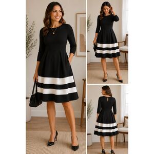 Lake Flower Black White Stripe Fit & Flare Dress Size Small Sleeve Scuba Knit